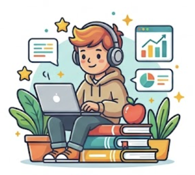 Student learning online with laptop and books